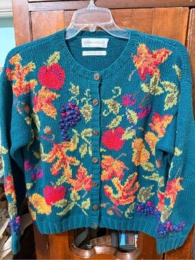 VINTAGE: ROBERT SCOTT Fruit Grapes Cotton/Ramie Cardigan *SZ. Med (TEAL MULTI)
